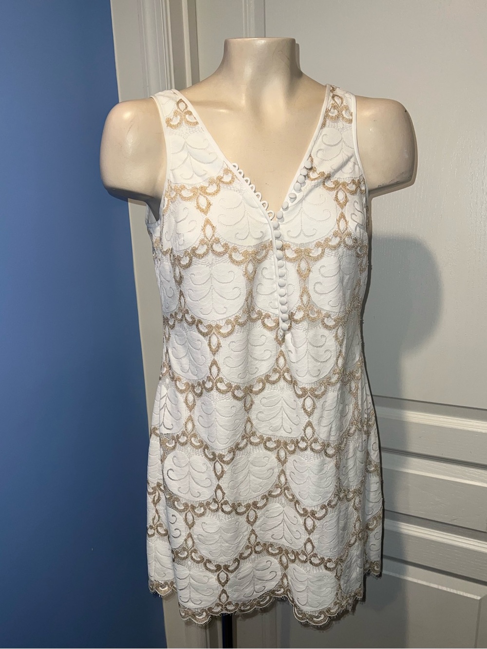 Lilly Pulitzer White Mini Dress with Gold Embroidered Pattern